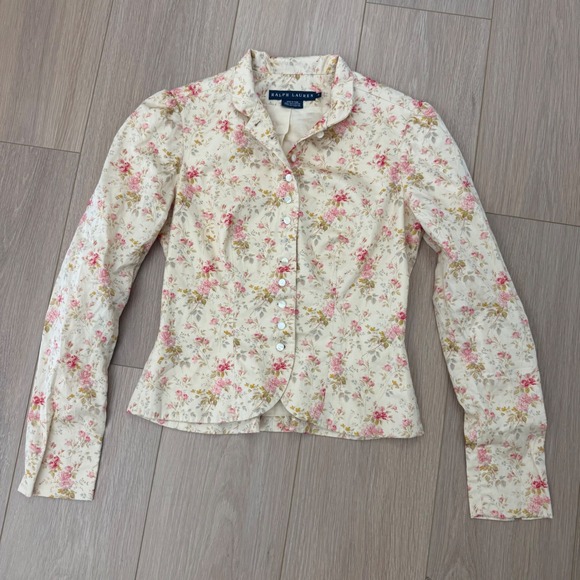 Ralph Lauren Jackets & Blazers - Ralph Lauren Floral Cotton Blazer Pink Cream Cottagecore Tailored Jacket Size 4